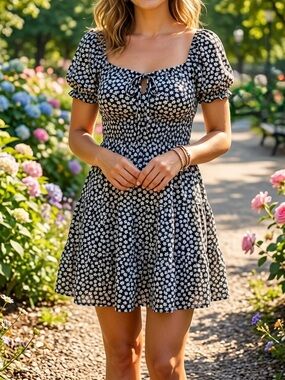HESPERUS Black White Floral Smoked Tiered Mini Peasant Dress XL